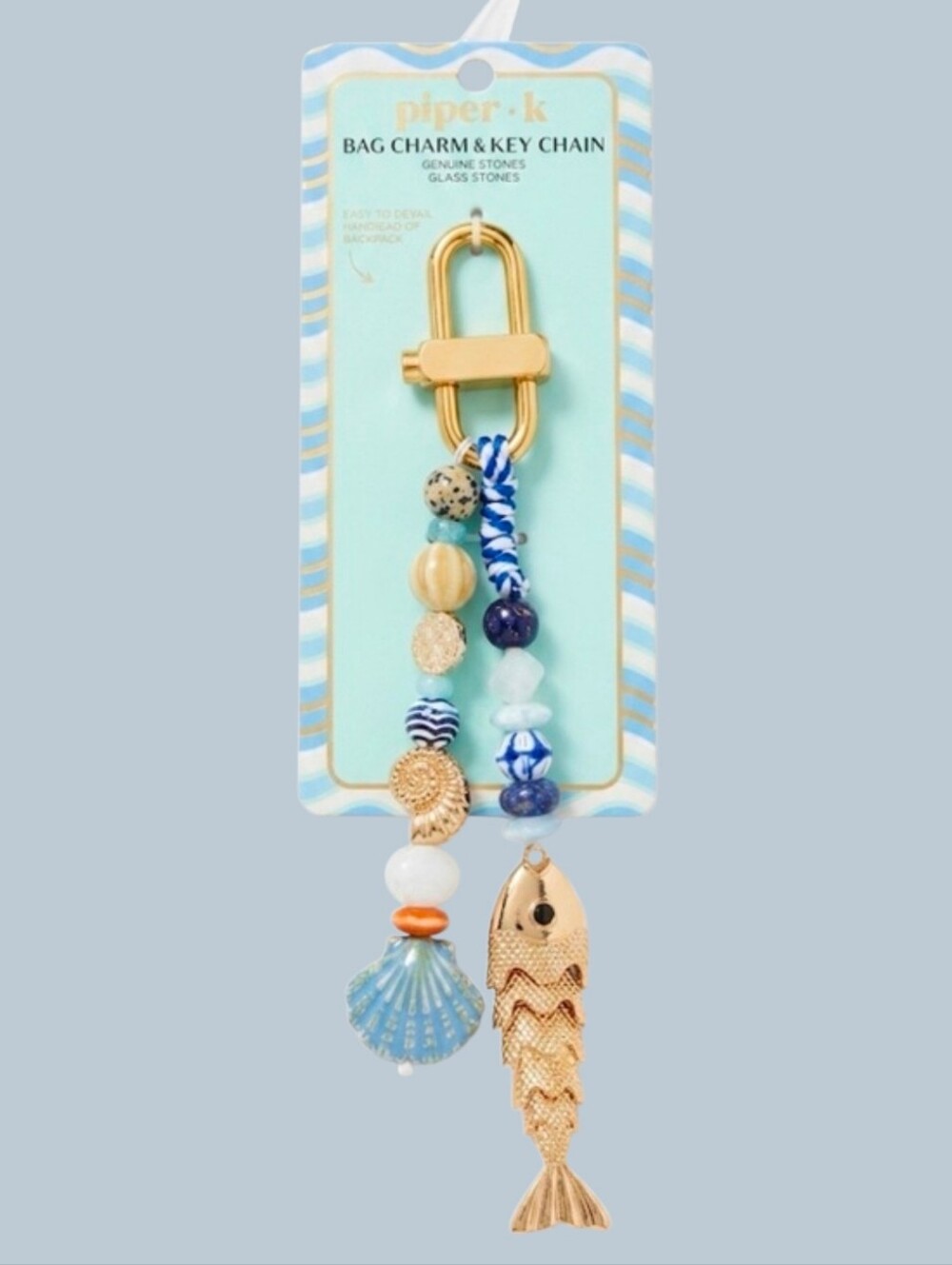 ✨️▪️piper K ▪️ Blue & Gold Beaded Fish and Shell Key Chain Charm